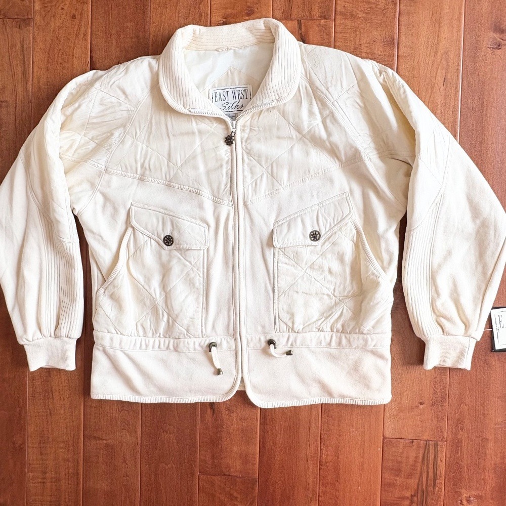 NWT East West Silks Vintage 100% Silk Quilted‎ Windbreaker Jacket Womens L Cream